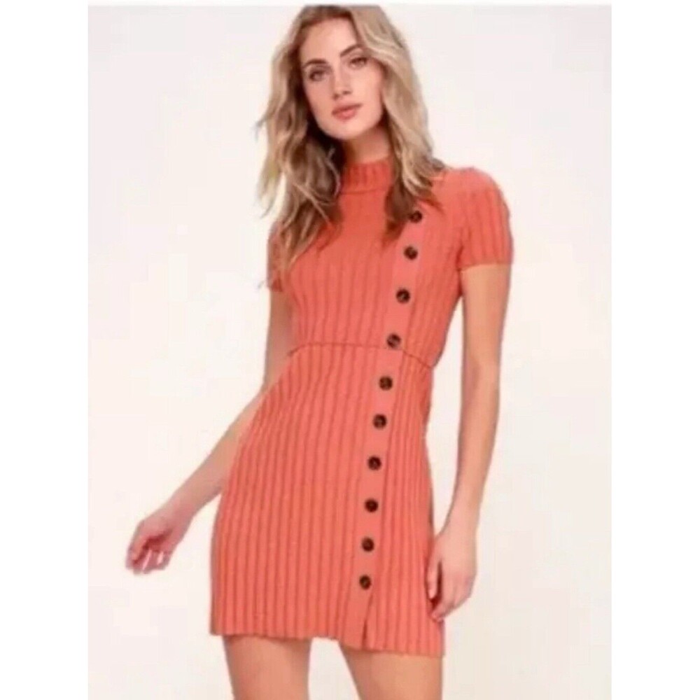 FREE PEOPLE Lottie Coral‎ Ribbed Small Button Front Mock Neck Sweater Dress M7-3